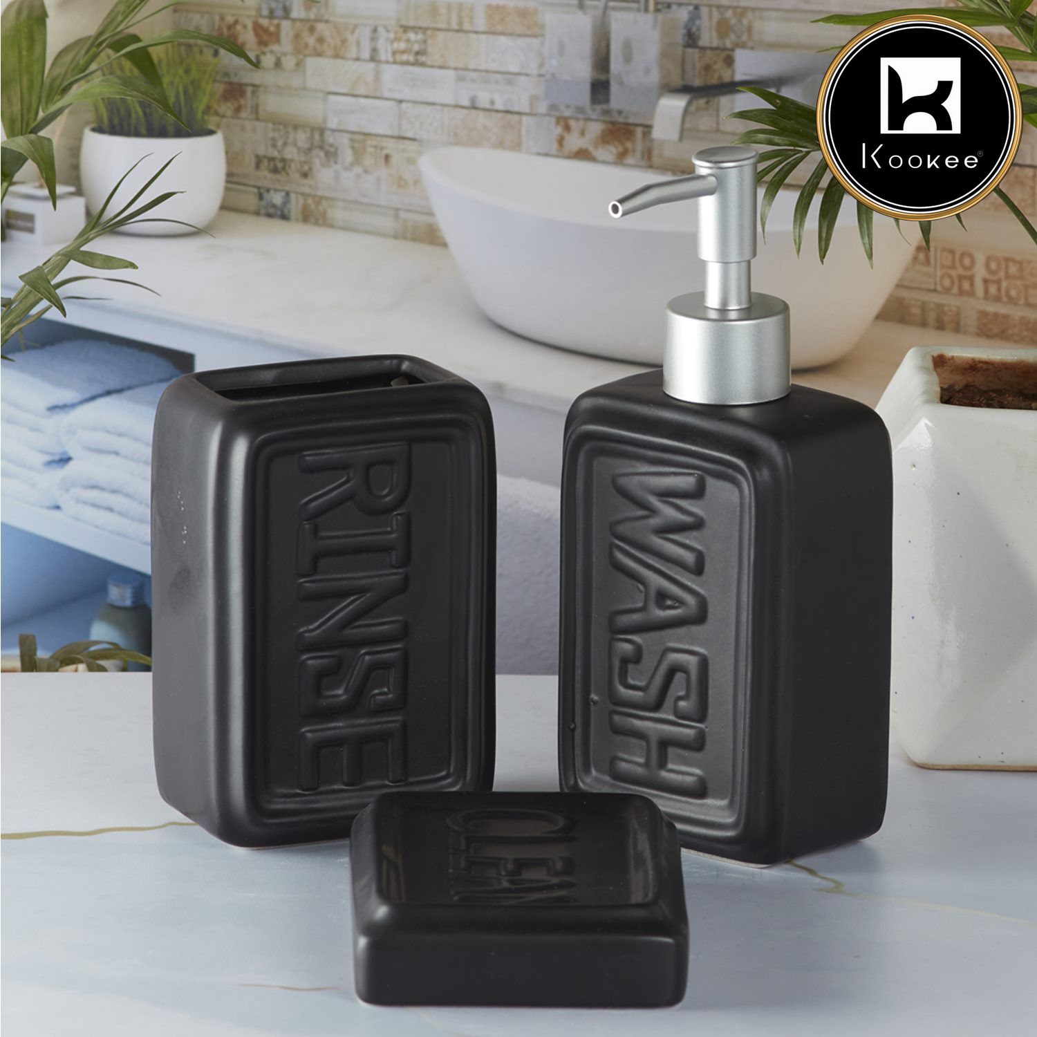 Kookee Ceramic Bathroom Sets, Black, ART09891