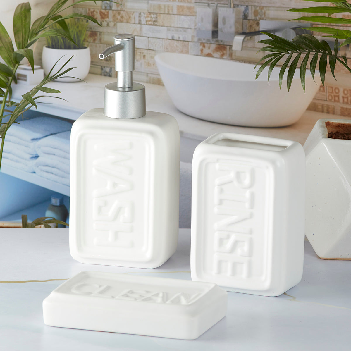 Ceramic Bathroom Set of 3 with Soap Dispenser (9890)