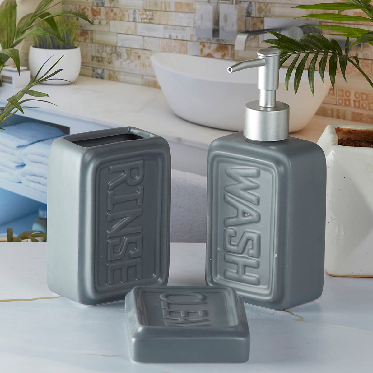 Ceramic Bathroom Set of 3 with Soap Dispenser (9893)