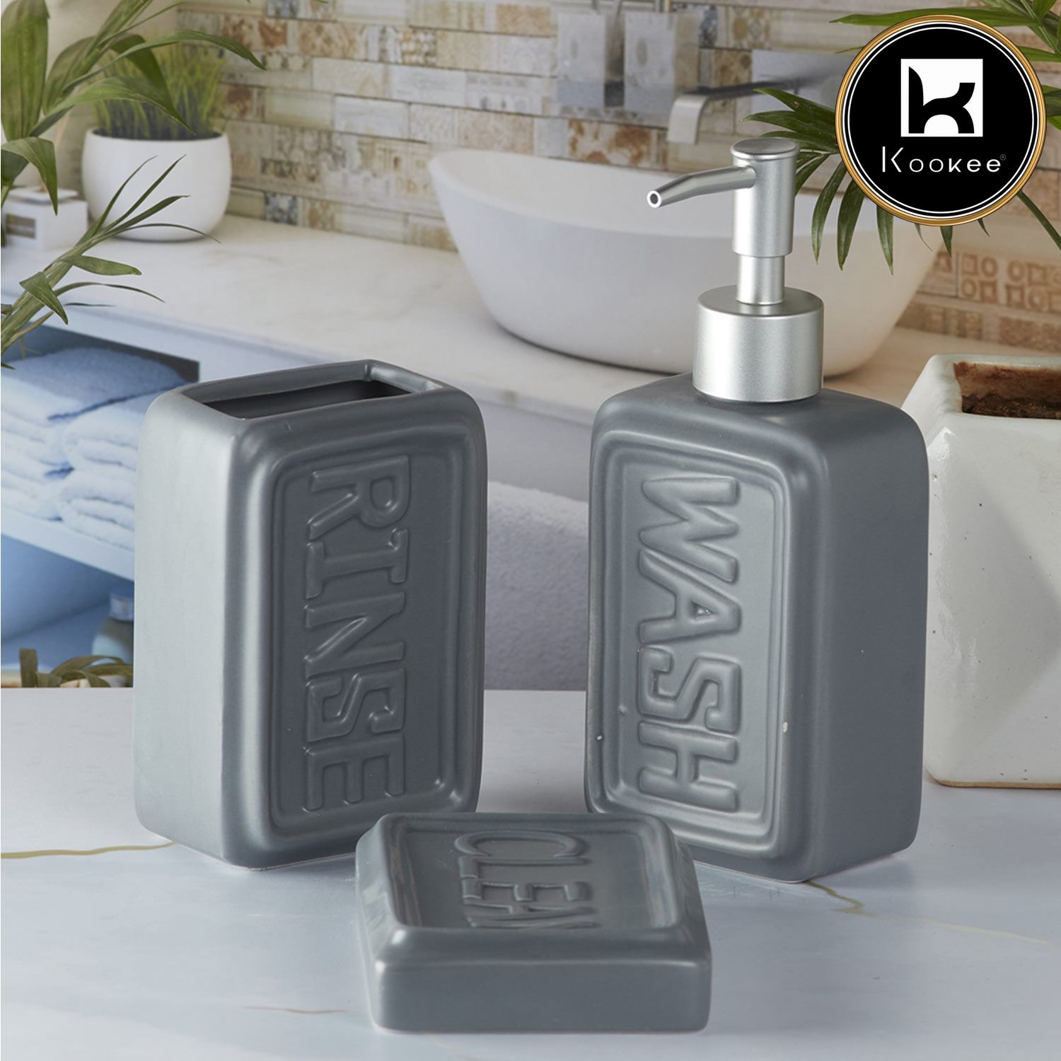 Kookee Ceramic Bathroom Sets, Grey, ART09893