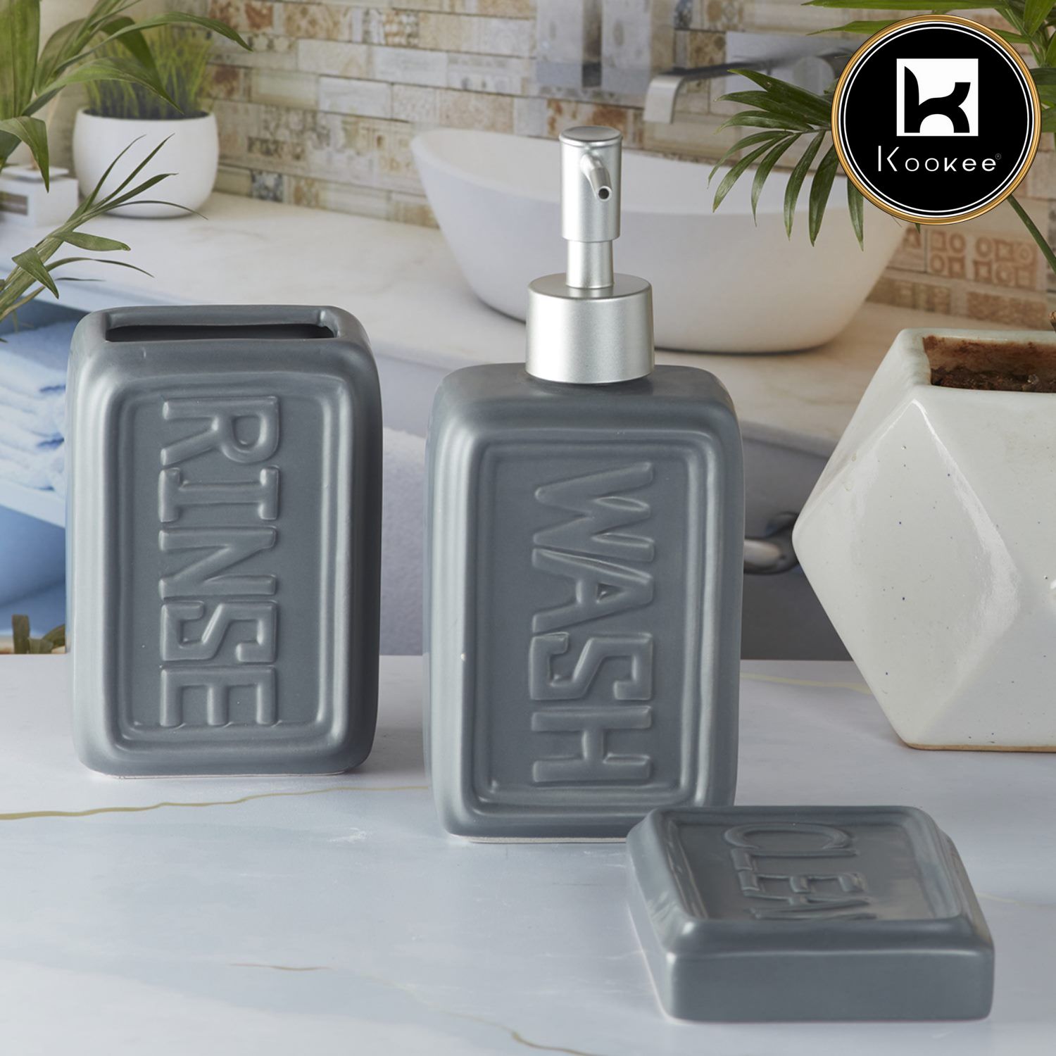 Kookee Ceramic Bathroom Sets, Grey, ART09893