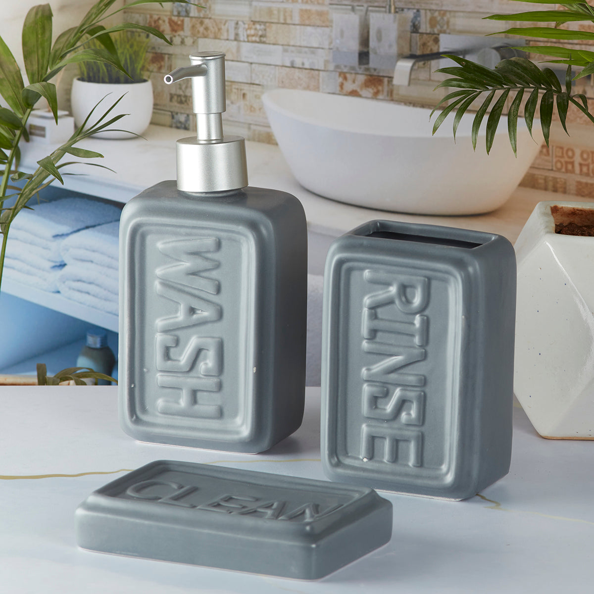 Kookee Ceramic Bathroom Accessories Set of 3, Modern Bath Set with Liquid handwash Soap Dispenser and Toothbrush holder, Luxury Gift Accessory for Home, Grey (9893)
