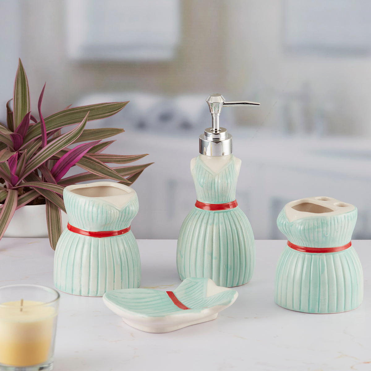 Ceramic Bathroom Set of 4 with Soap Dispenser (9894)