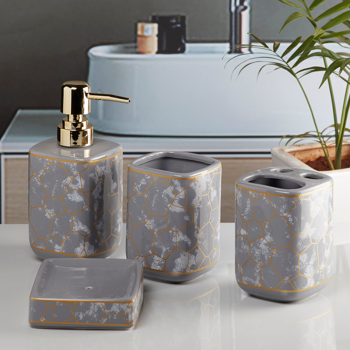 Ceramic Bathroom Accessories Set of 4 with Soap Dispenser (9896)