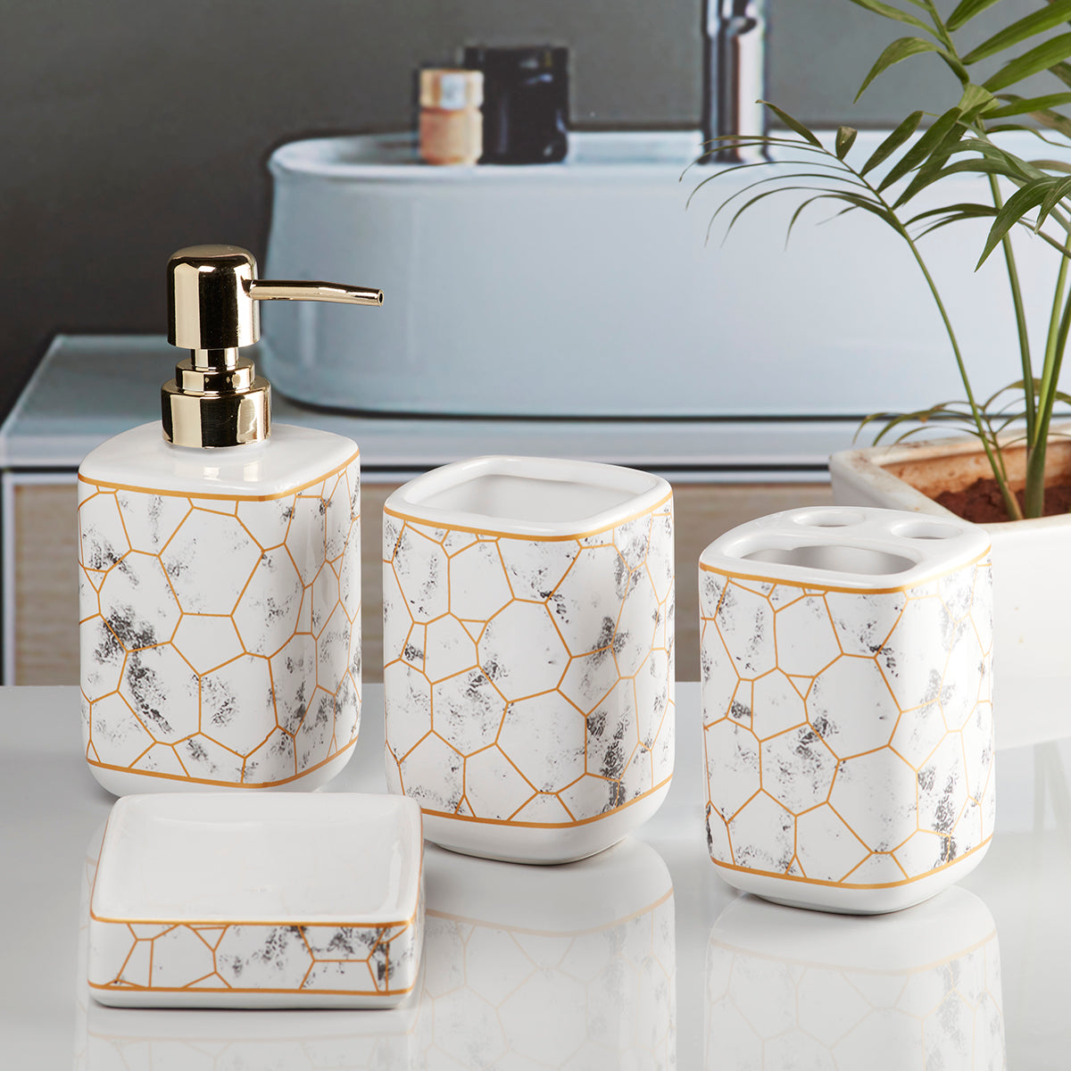 Ceramic Bathroom Accessories Set of 4 with Soap Dispenser (9898)