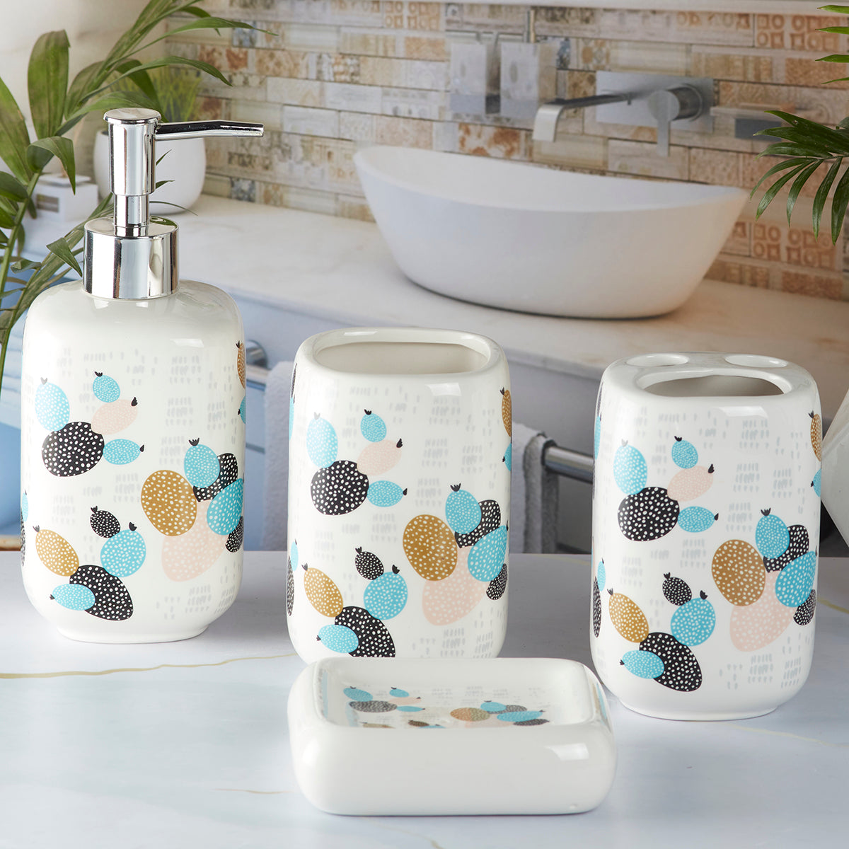 Ceramic Bathroom Accessories Set of 4 with Soap Dispenser (9899)
