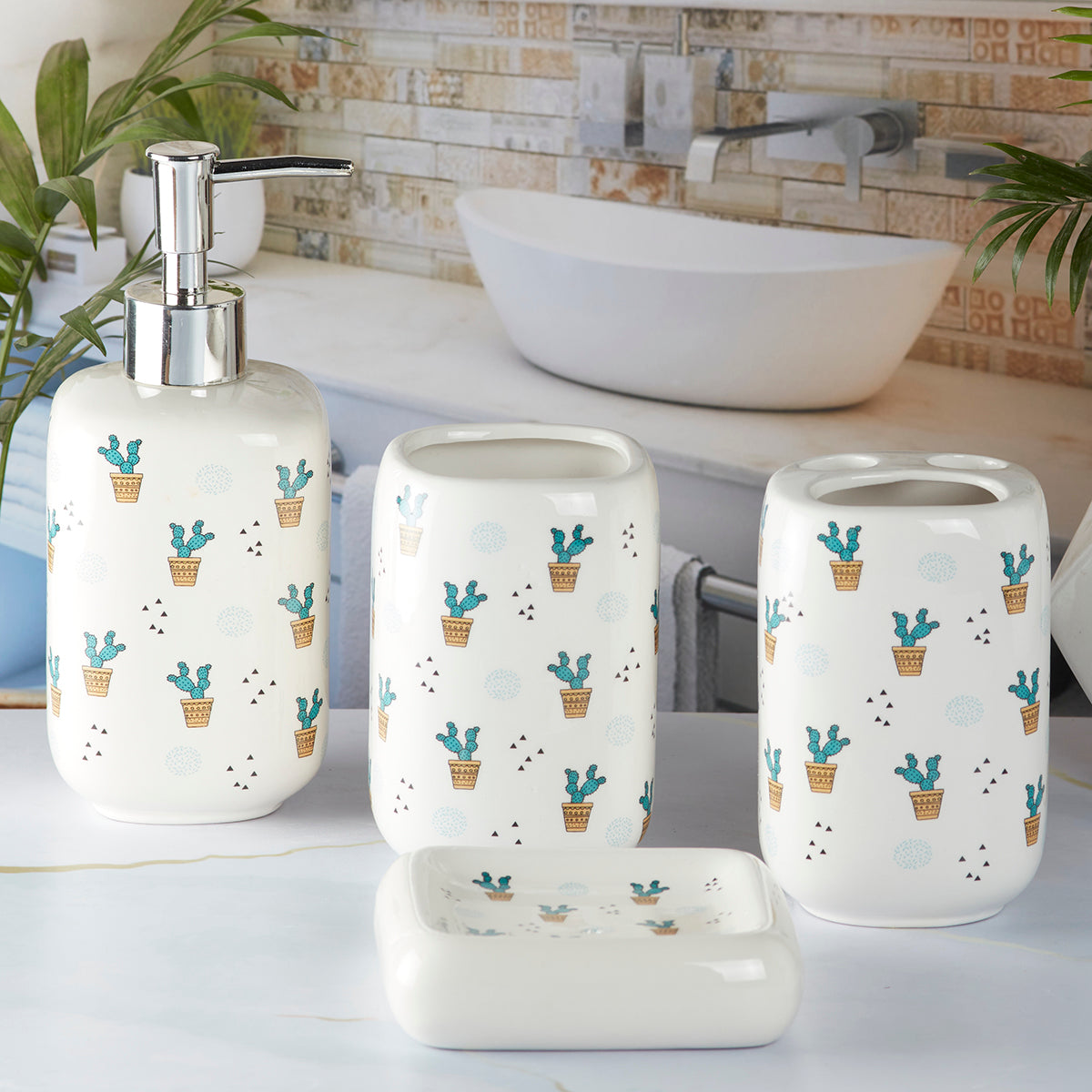Ceramic Bathroom Accessories Set of 4 with Soap Dispenser (9900)