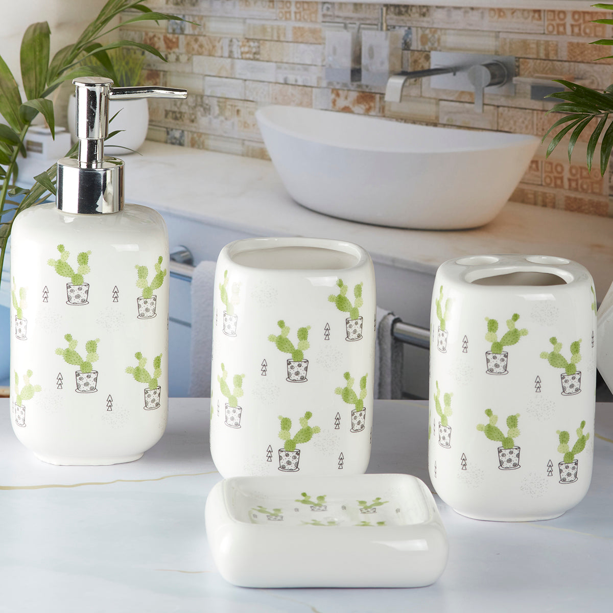 Ceramic Bathroom Accessories Set of 4 with Soap Dispenser (9899)