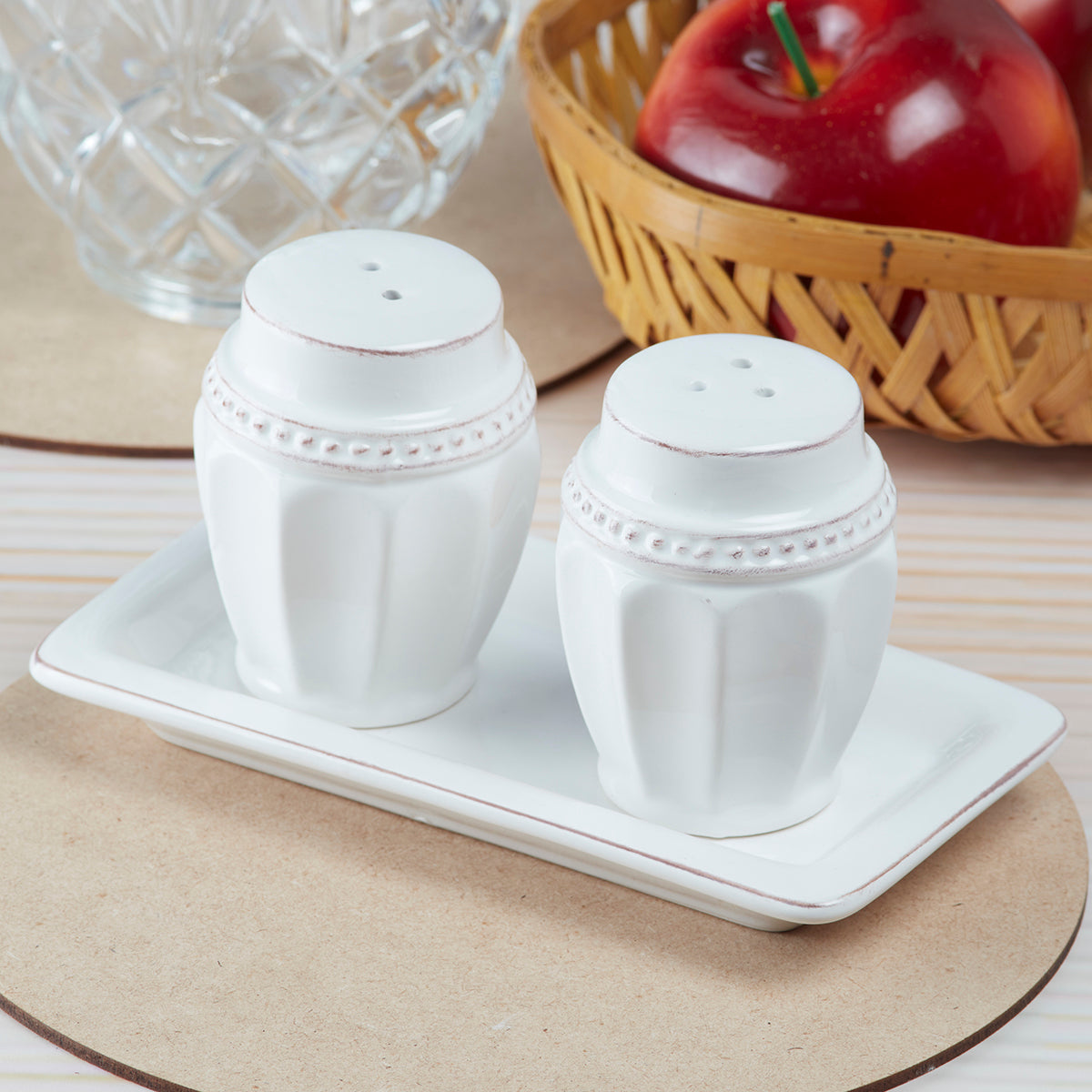 Ceramic Salt and Pepper Shakers Set with tray for Dining Table (10656)
