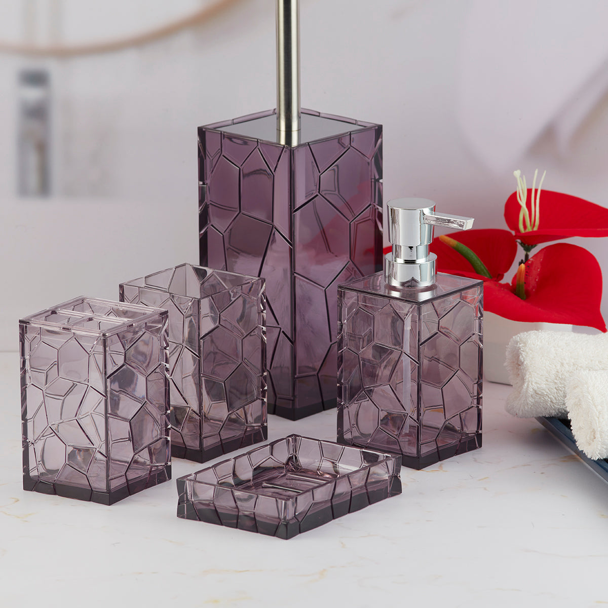 Acrylic Bathroom Accessories Set of 5 Bath Set with Soap Dispenser (10042)