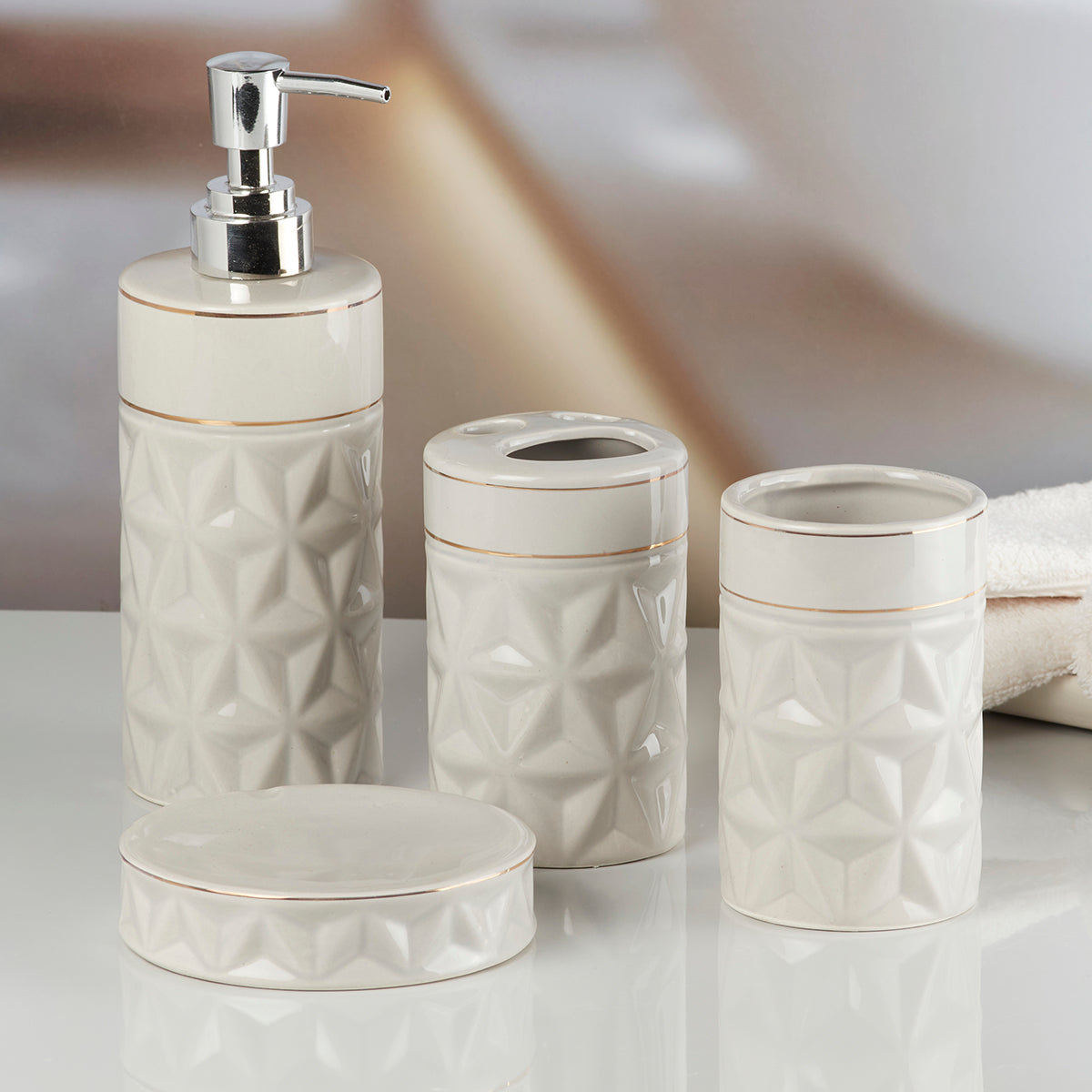 Ceramic Bathroom Accessories Set of 4 with Soap Dispenser (9847)