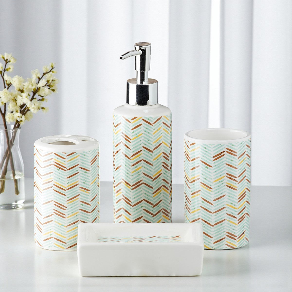 Ceramic Bathroom Set of 4 with Soap Dispenser (10056)