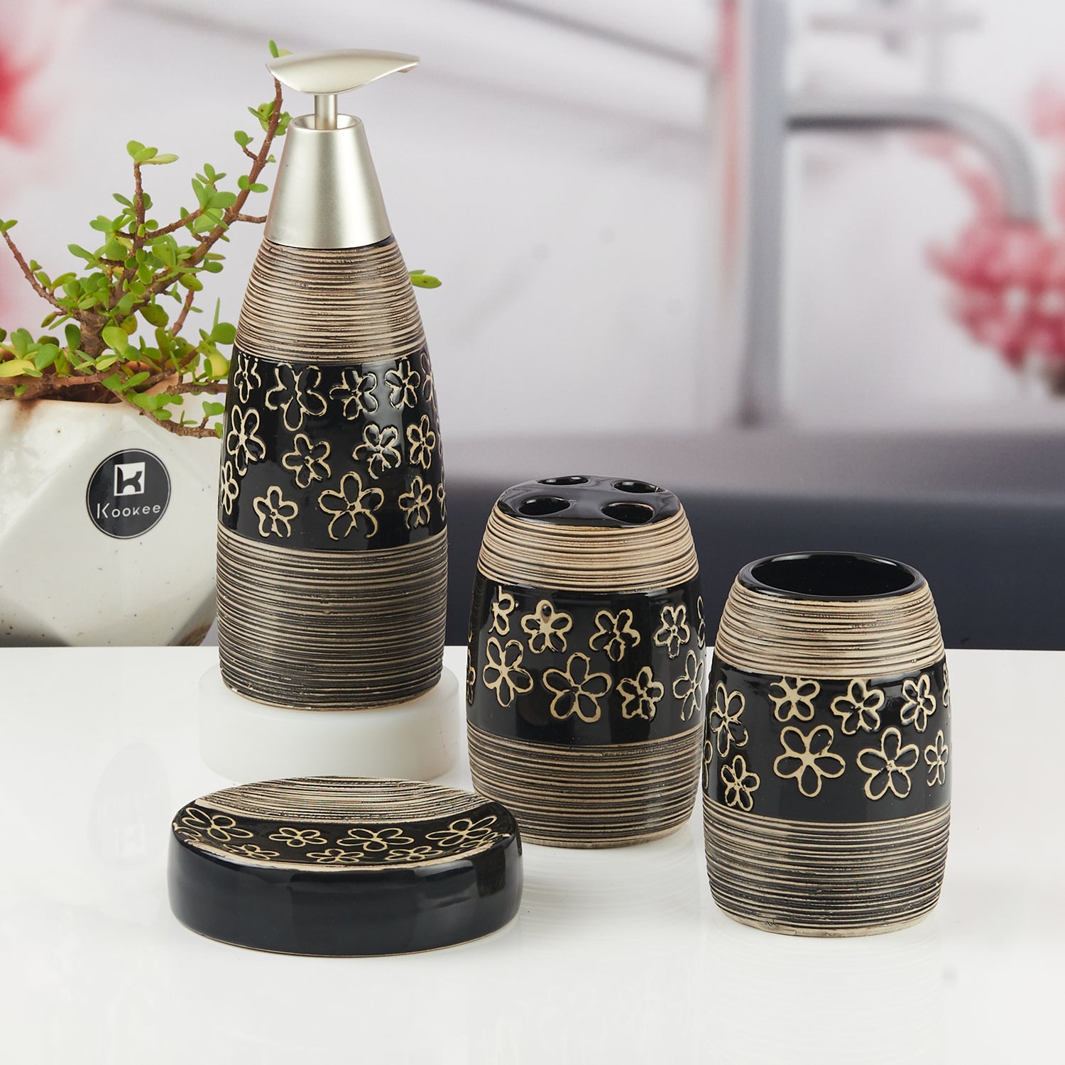 Ceramic Bathroom Accessories Set of 4 with Soap Dispenser (10060)