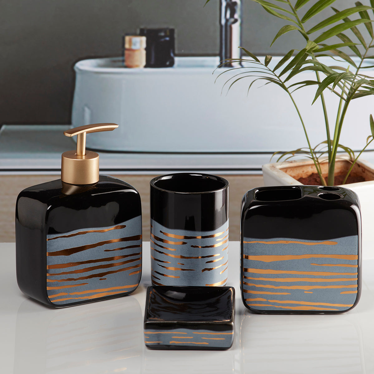 Ceramic Bathroom Set of 4 with Soap Dispenser (10074)