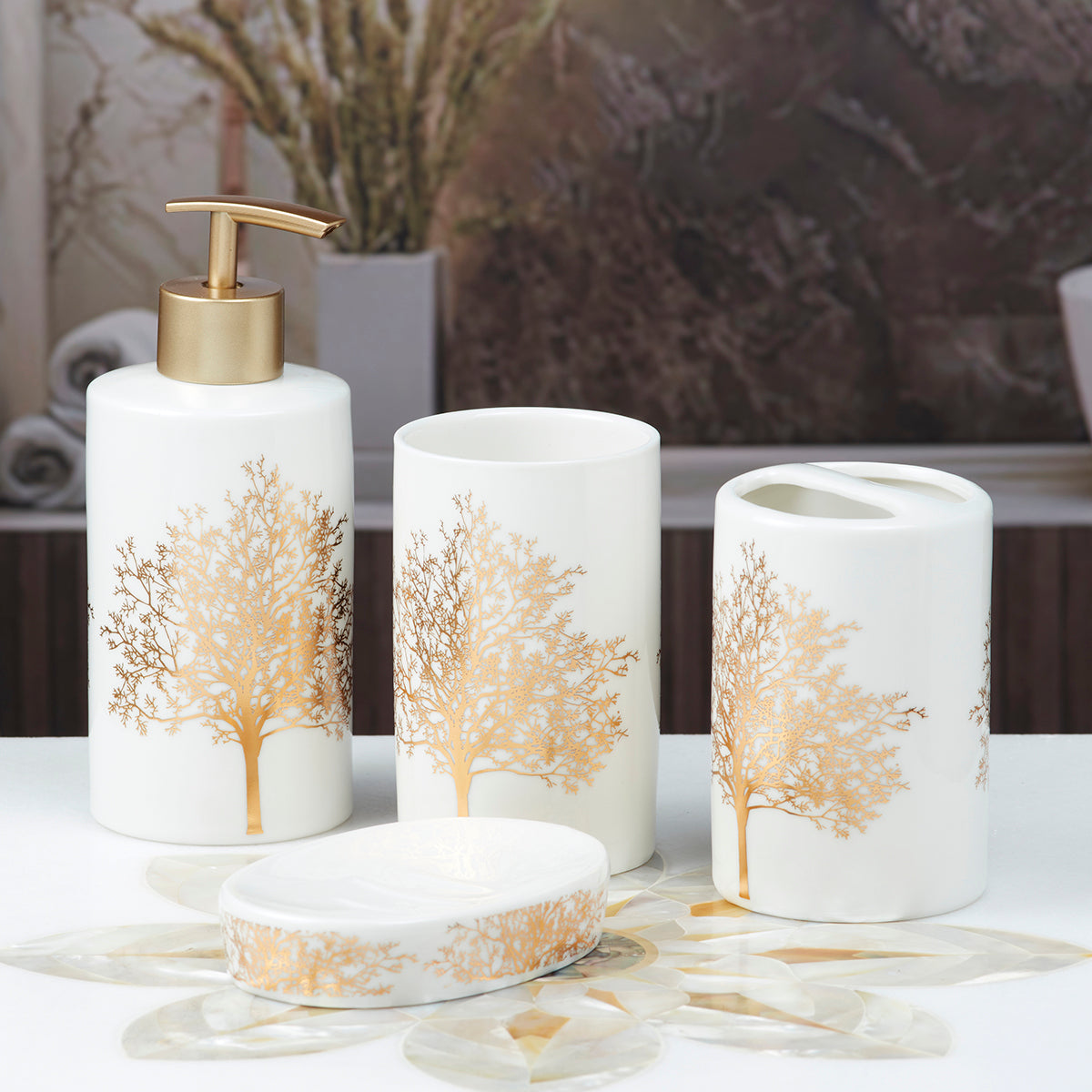 Ceramic Bathroom Accessories Set of 4 Bath Set with Soap Dispenser (10083)