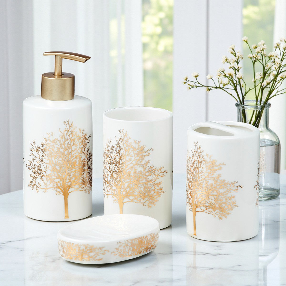 Ceramic Bathroom Accessories Set of 4 with Soap Dispenser (10077)
