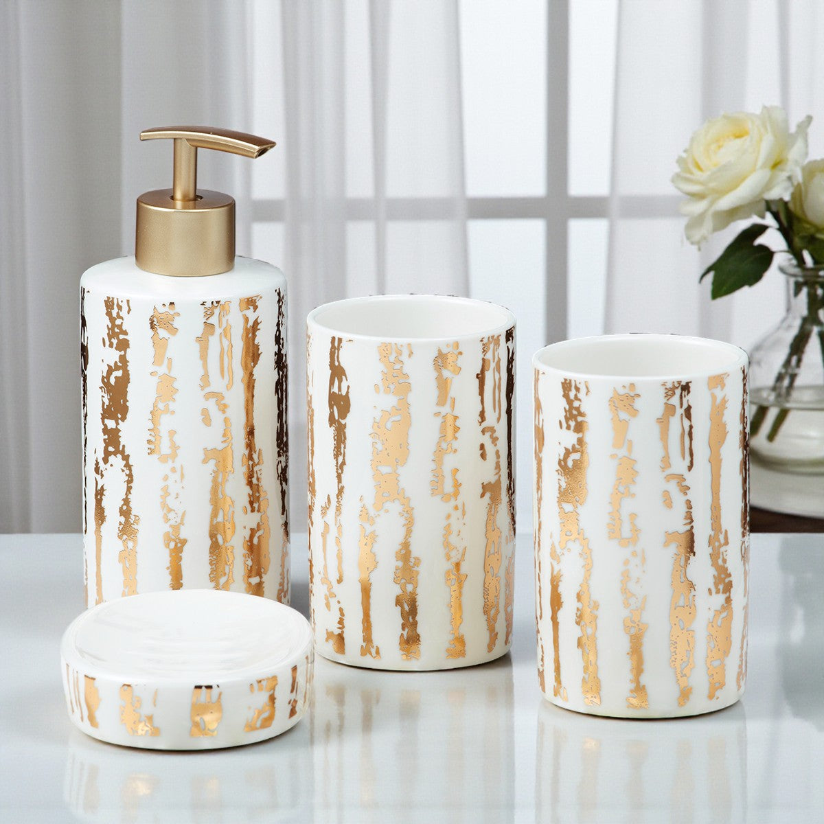 Ceramic Bathroom Set of 4 with Soap Dispenser (10080)