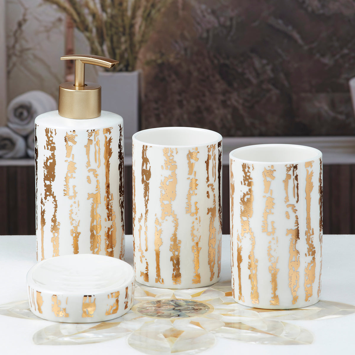 Ceramic Bathroom Accessories Set of 4 Bath Set with Soap Dispenser (9594)