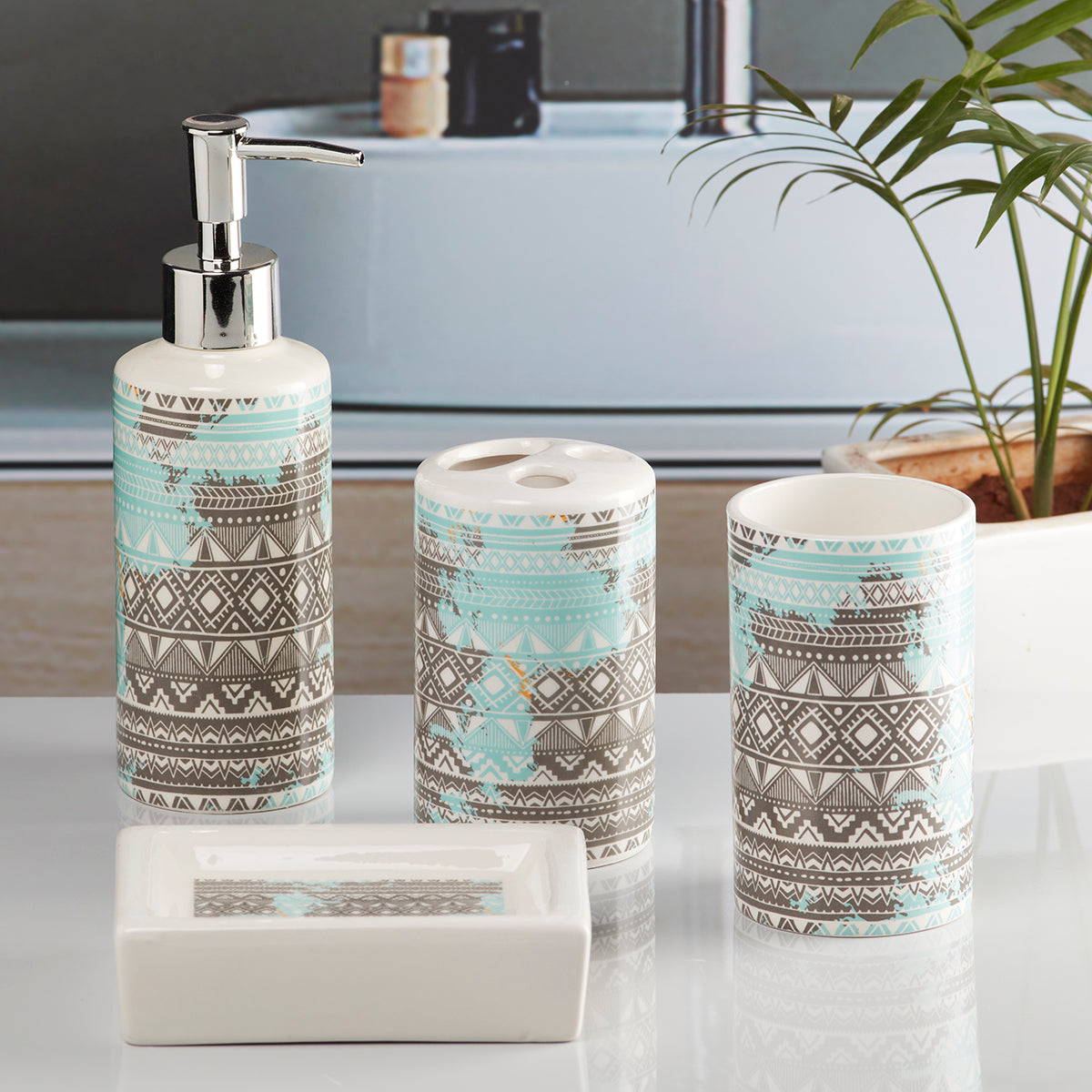 Ceramic Bathroom Set of 4 with Soap Dispenser (10086)