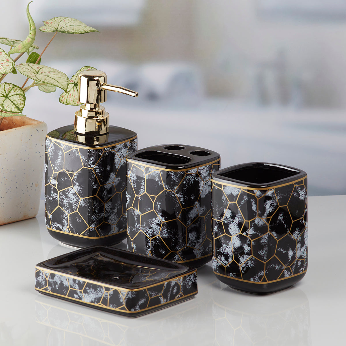 Ceramic Bathroom Accessories Set of 4 with Soap Dispenser (10089)