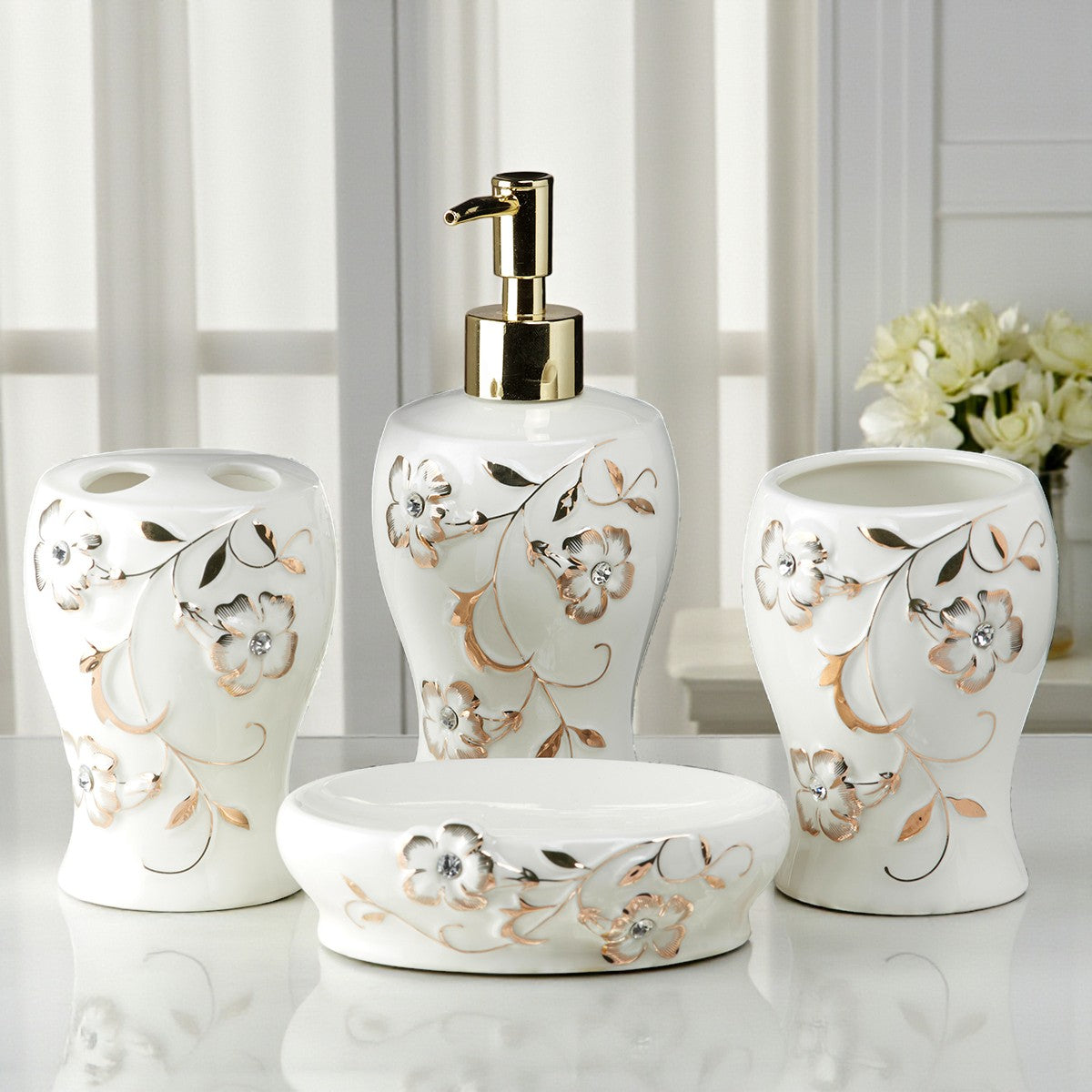 Ceramic Bathroom Accessories Set of 4 with Soap Dispenser (10094)