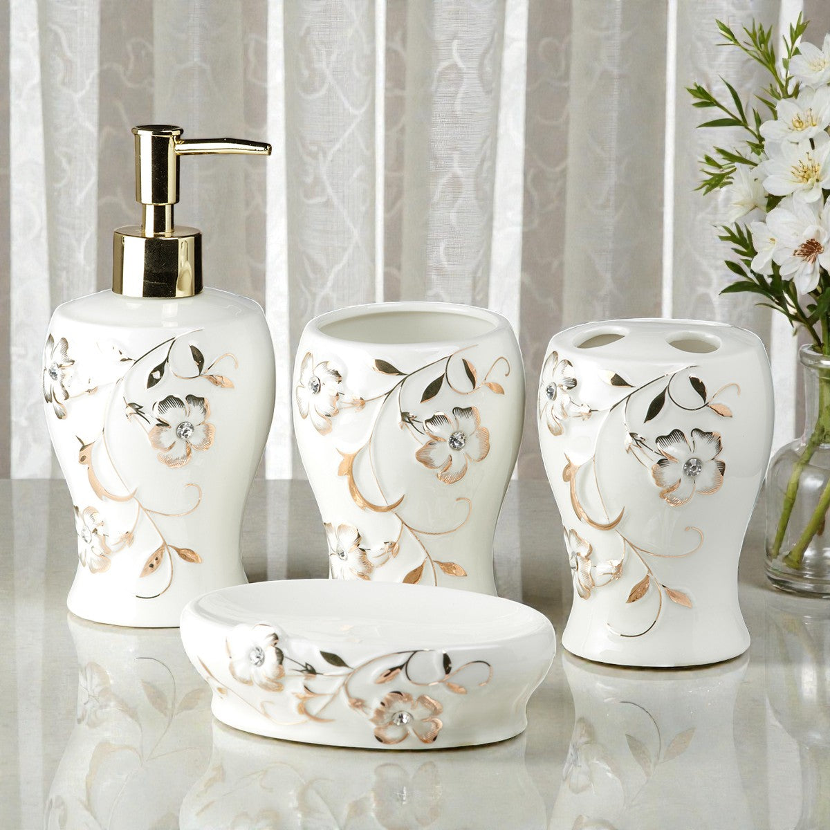 Ceramic Bathroom Accessories Set of 4 with Soap Dispenser (10094)