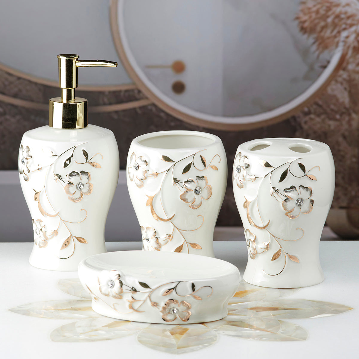 Ceramic Bathroom Accessories Set of 4 Bath Set with Soap Dispenser (10094)