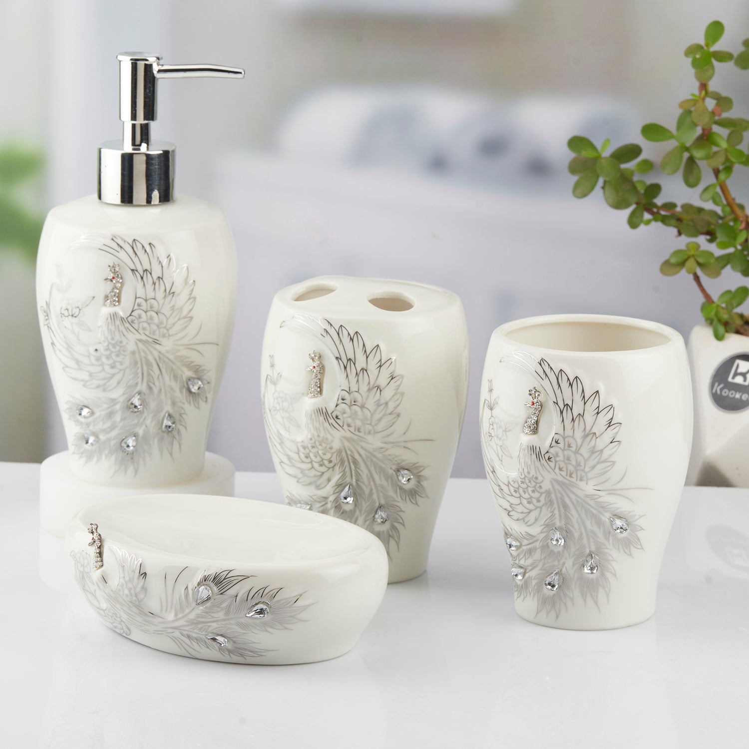 Ceramic Bathroom Set of 4 with Soap Dispenser (10095)