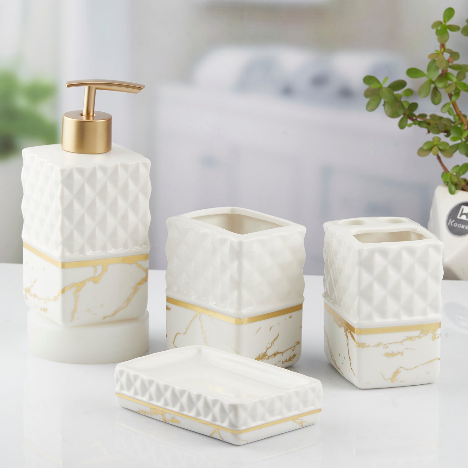 Ceramic Bathroom Set of 4 with Soap Dispenser (10096)