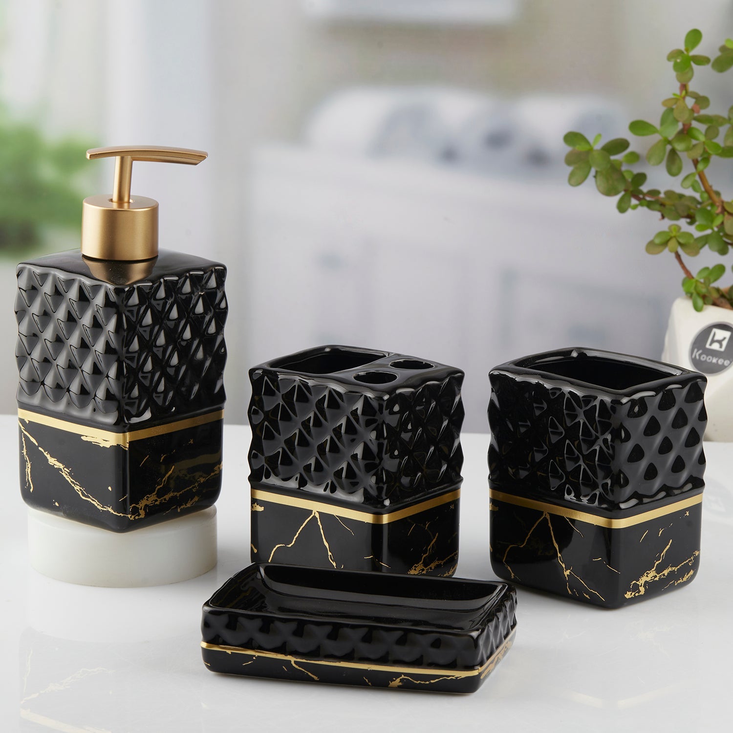 Ceramic Bathroom Set of 4 with Soap Dispenser (10096)