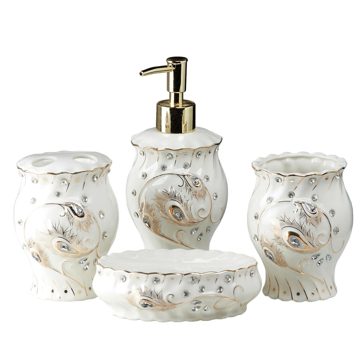 Ceramic Bathroom Accessories Set of 4 with Soap Dispenser (10102)