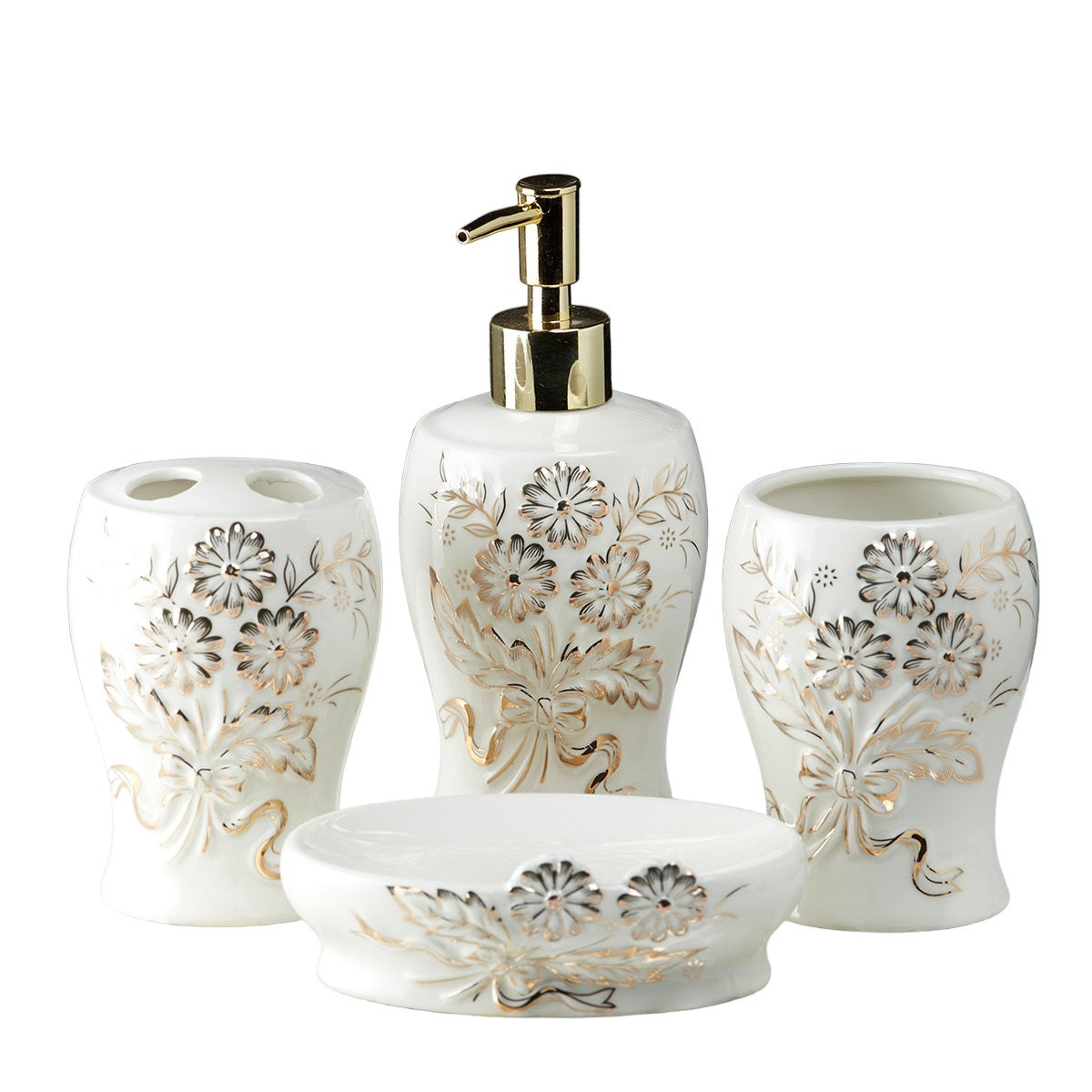 Ceramic Bathroom Accessories Set of 4 with Soap Dispenser (V-CBS-005)