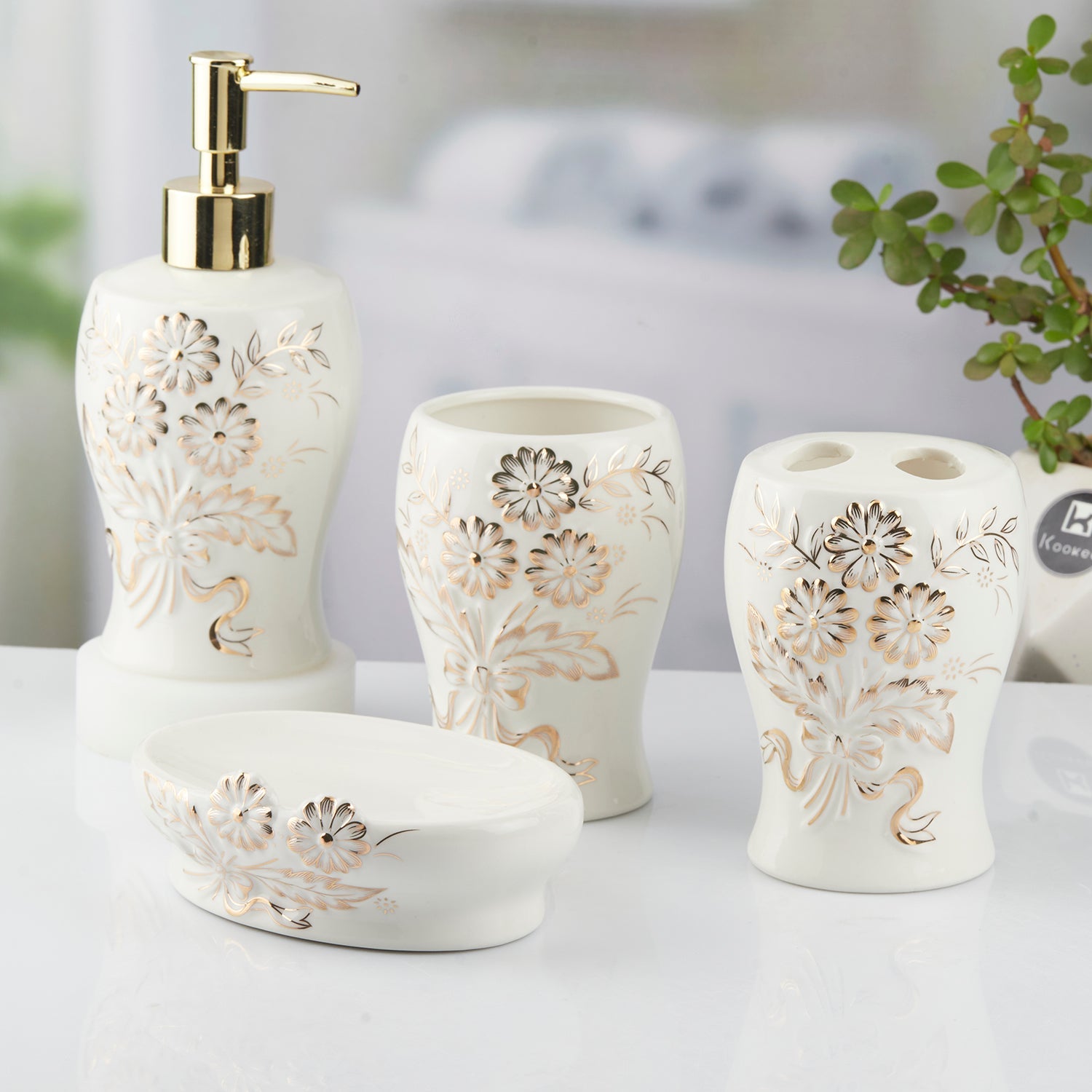 Ceramic Bathroom Accessories Set of 4 with Soap Dispenser (10103)