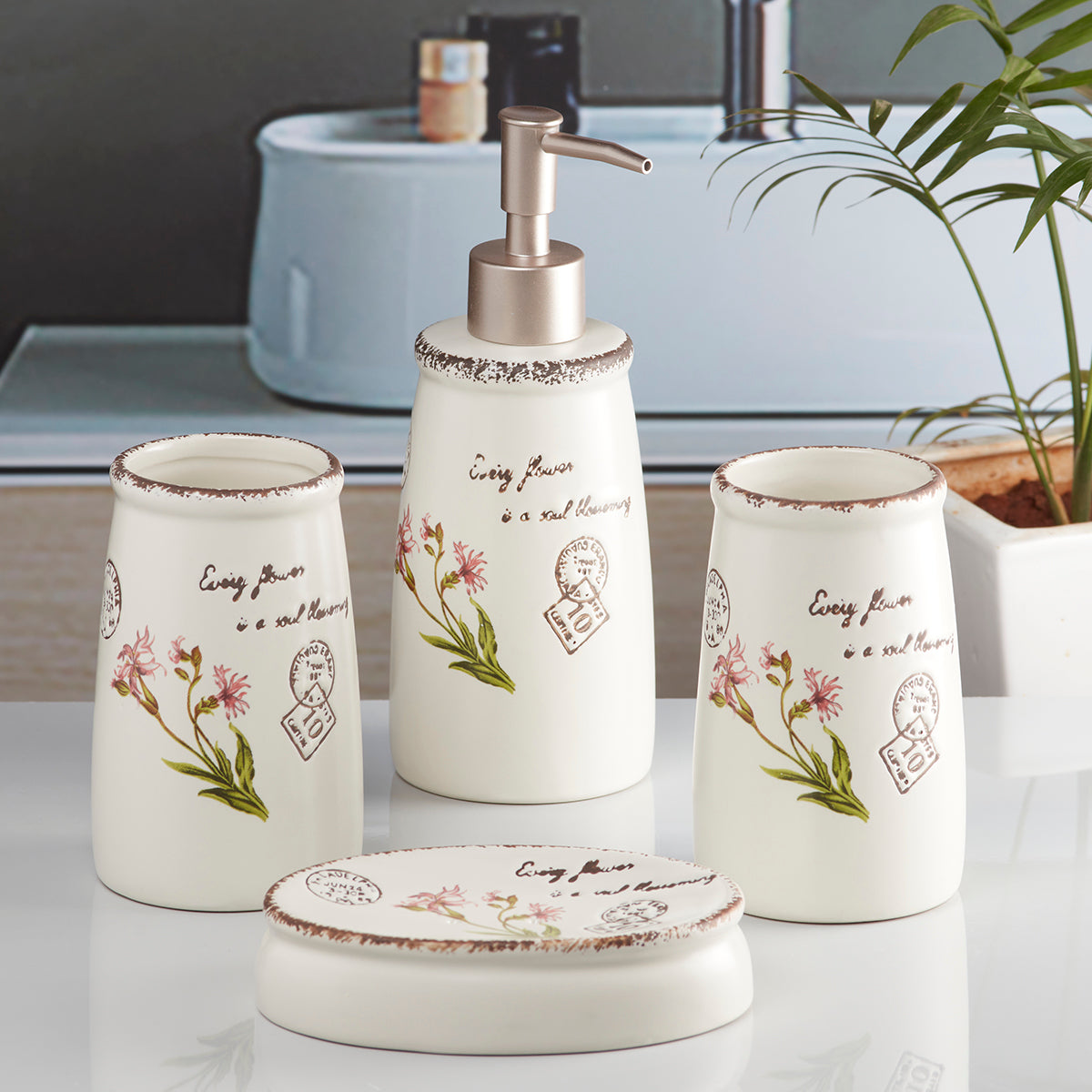Ceramic Bathroom Accessories Set of 4 Bath Set with Soap Dispenser (8290)