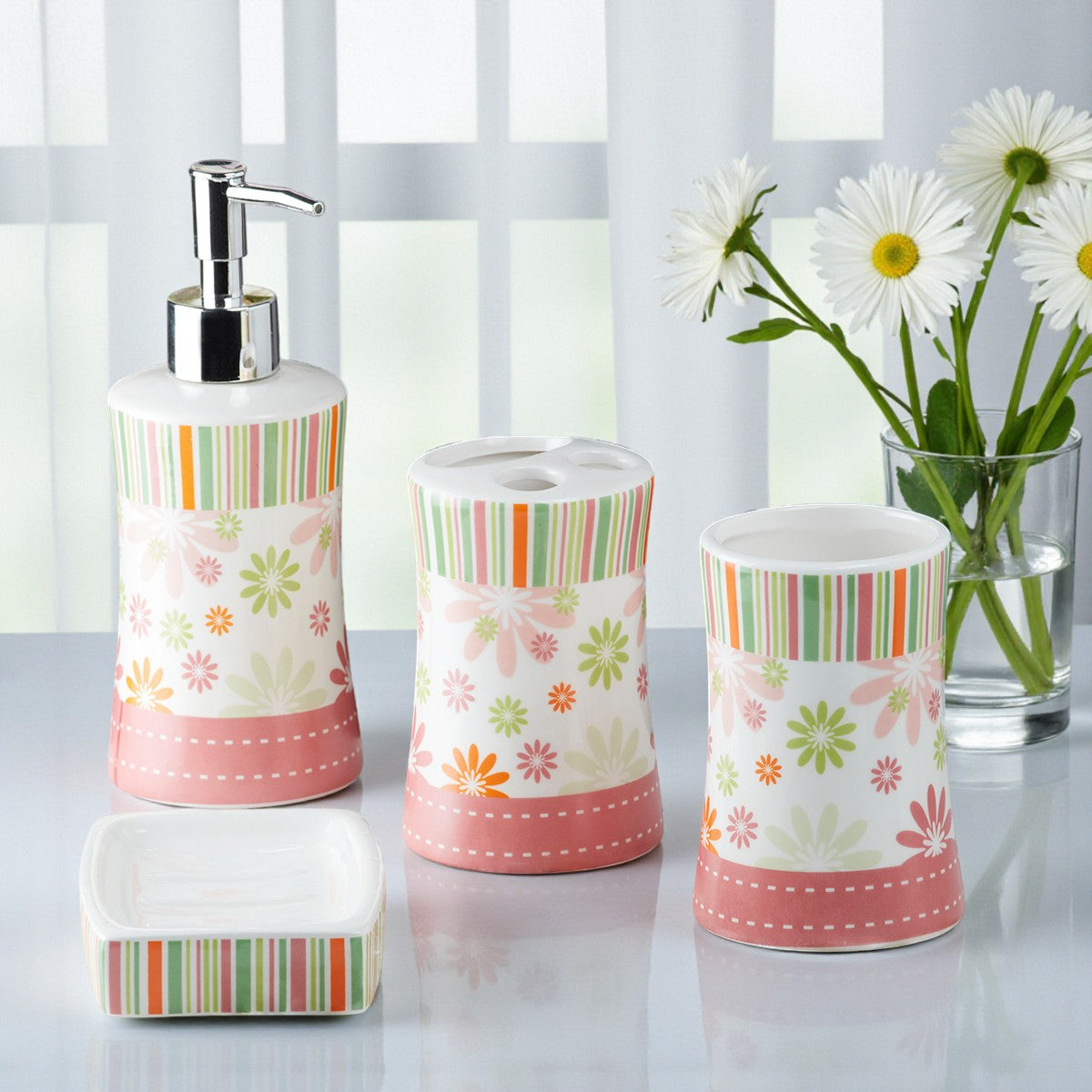 Ceramic Bathroom Set of 4 with Soap Dispenser (10106)