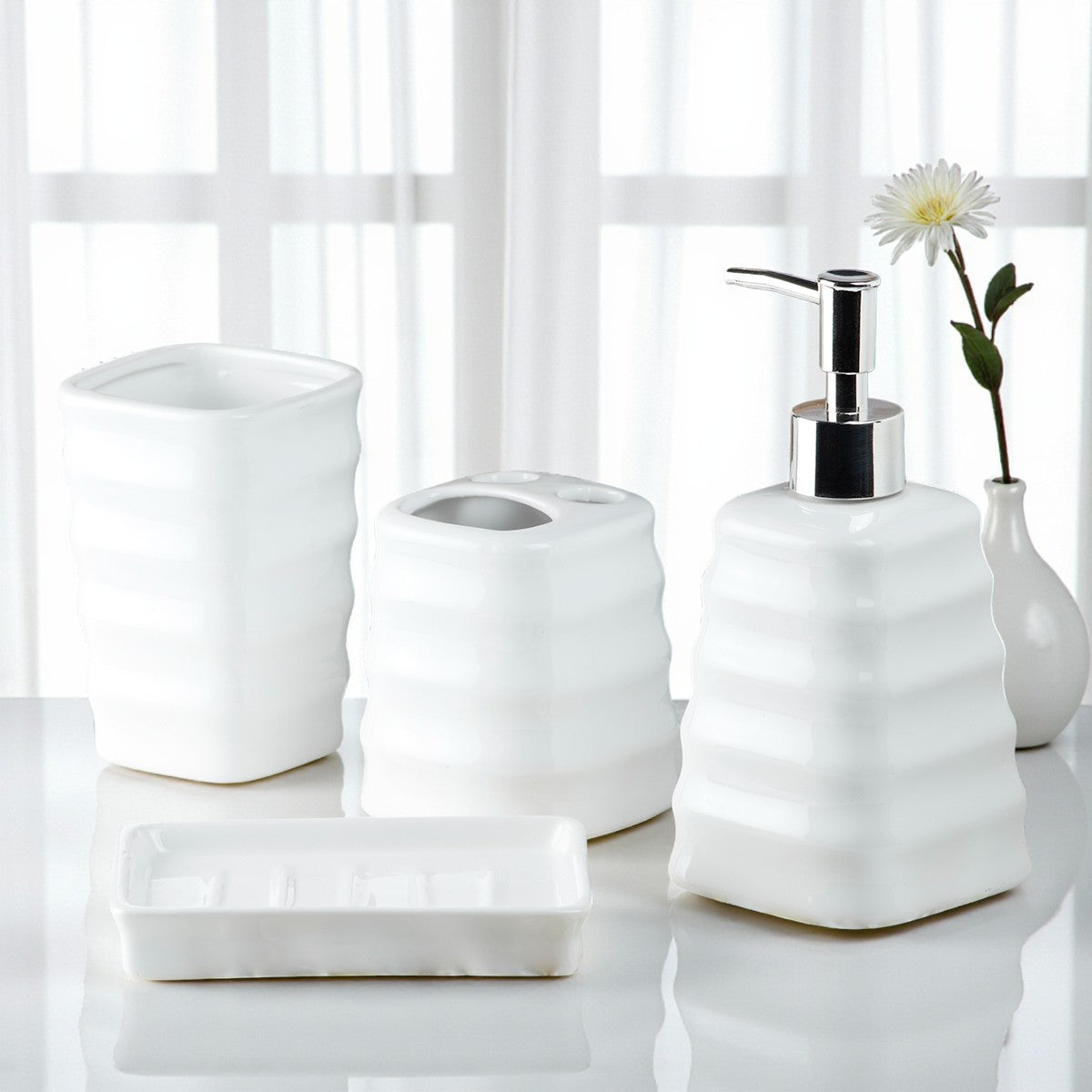 Ceramic Bathroom Set of 4 with Soap Dispenser (10108)