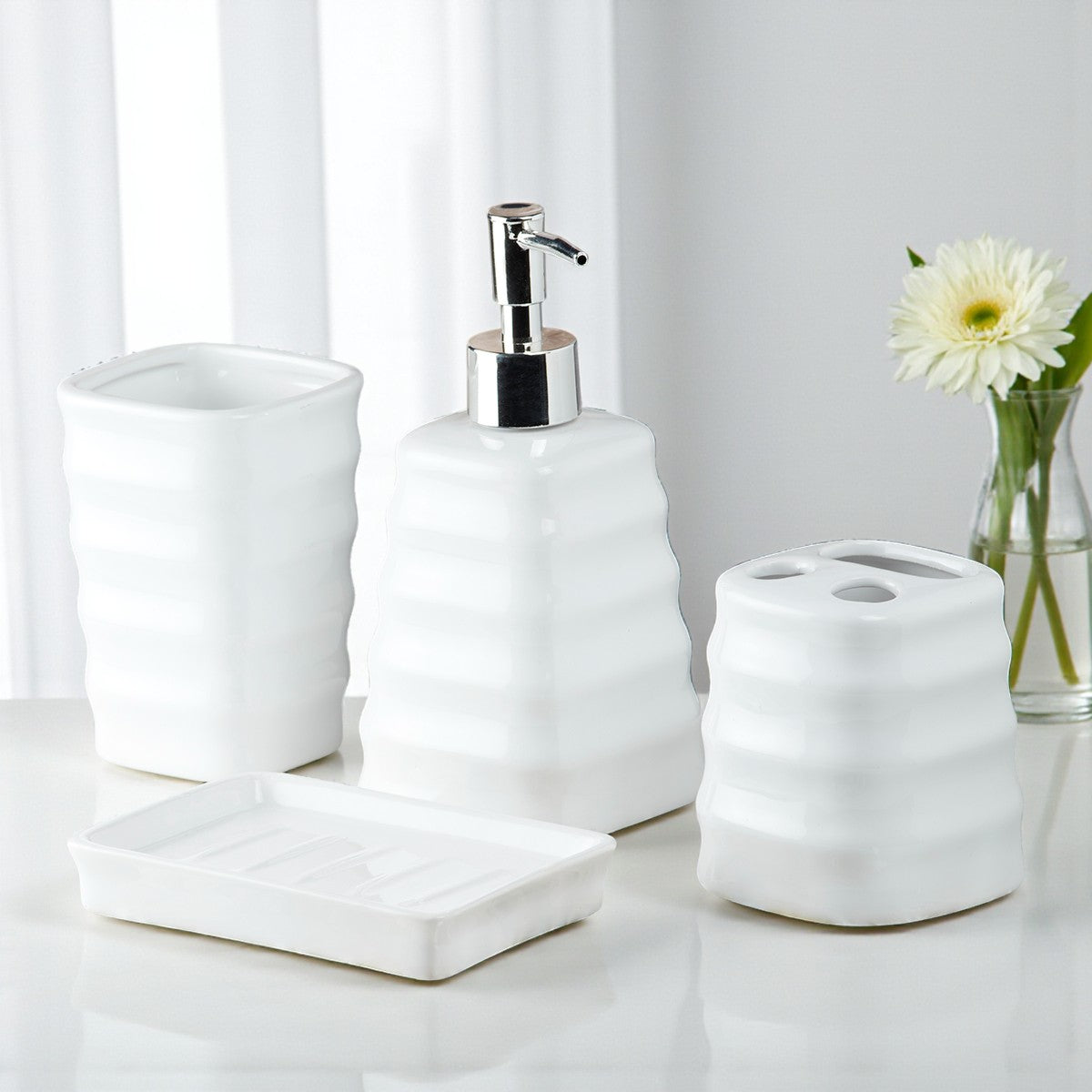 Ceramic Bathroom Set of 4 with Soap Dispenser (10108)