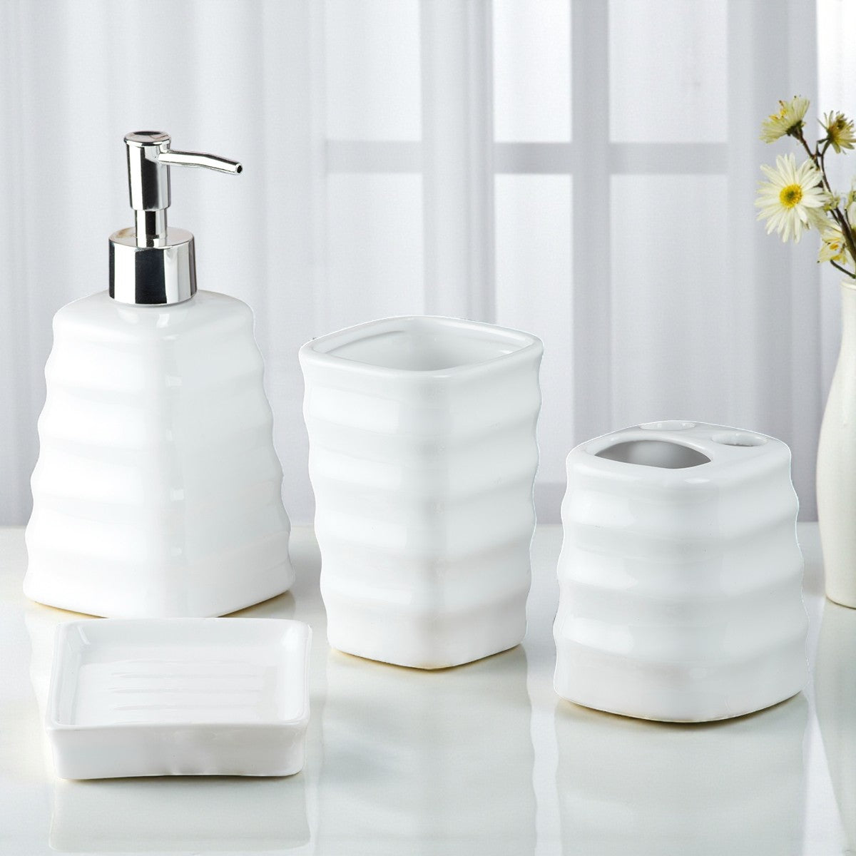 Ceramic Bathroom Set of 4 with Soap Dispenser (10108)
