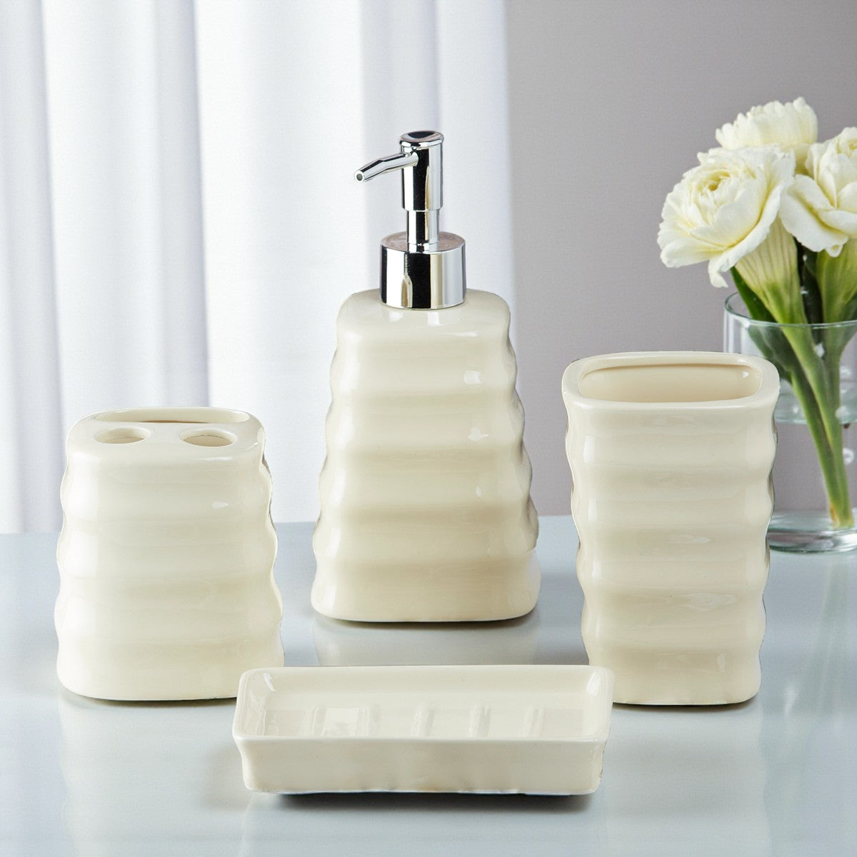 Ceramic Bathroom Set of 4 with Soap Dispenser (10108)