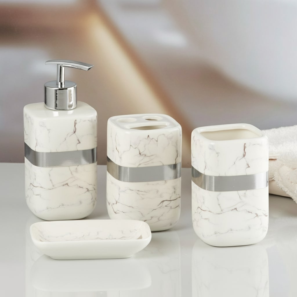 Ceramic Bathroom Accessories Set of 4 with Soap Dispenser (10111)