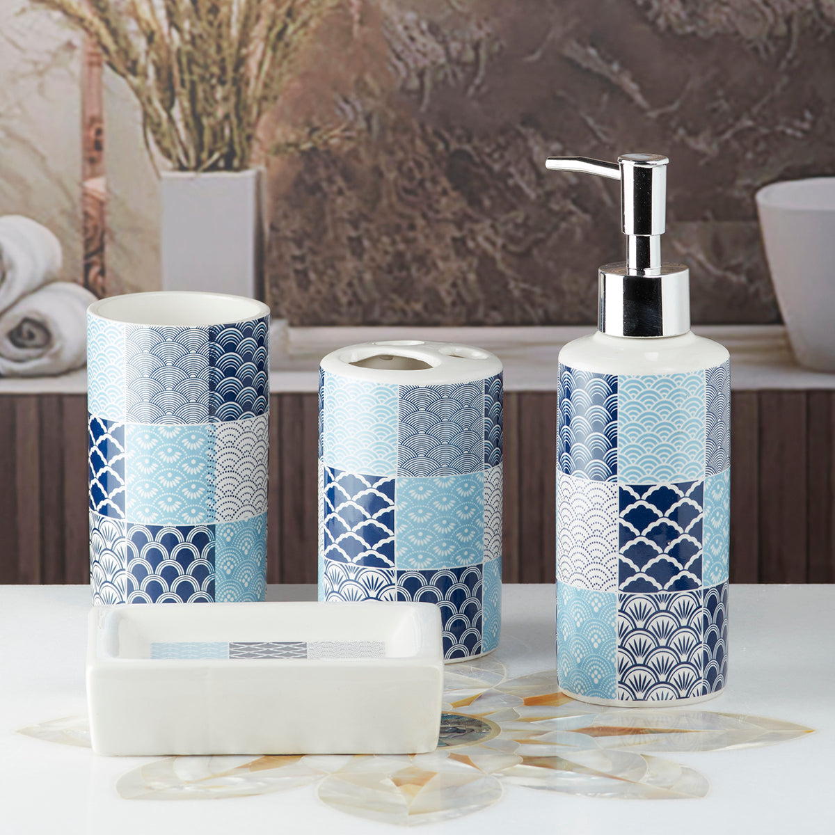 Ceramic Bathroom Set of 4 with Soap Dispenser (10113)