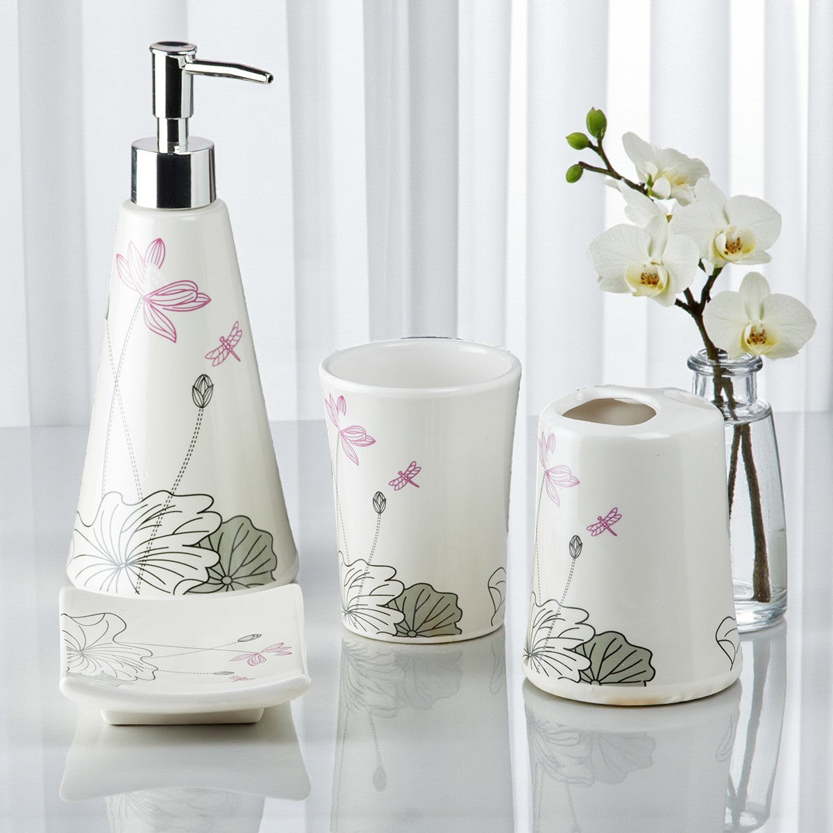 Ceramic Bathroom Accessories Set of 4 with Soap Dispenser (10114)