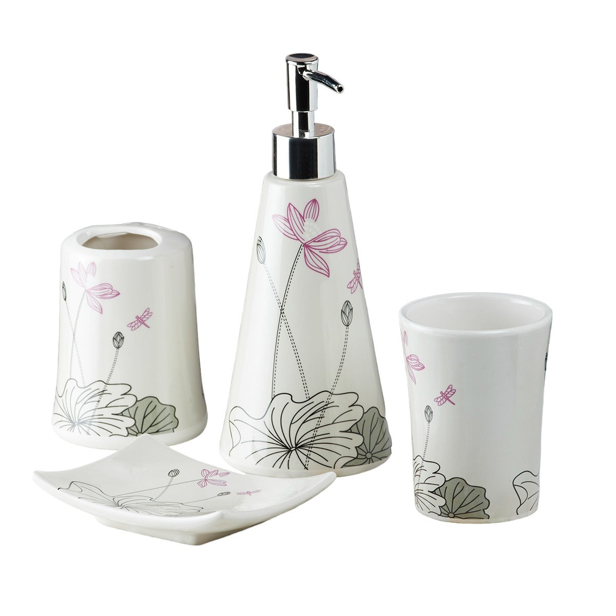 Ceramic Bathroom Accessories Set of 4 with Soap Dispenser (10114)