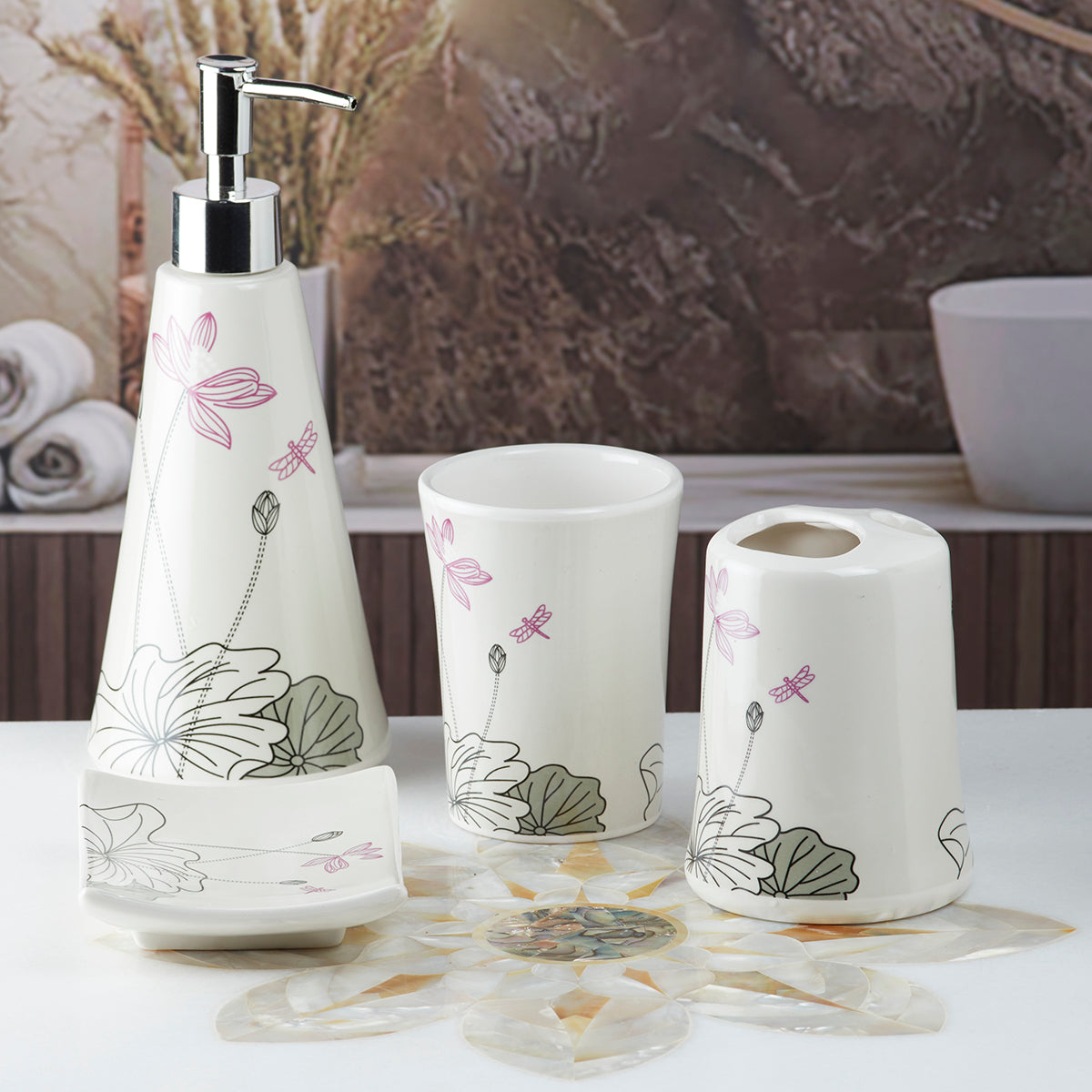 Ceramic Bathroom Accessories Set of 4 Bath Set with Soap Dispenser (10114)