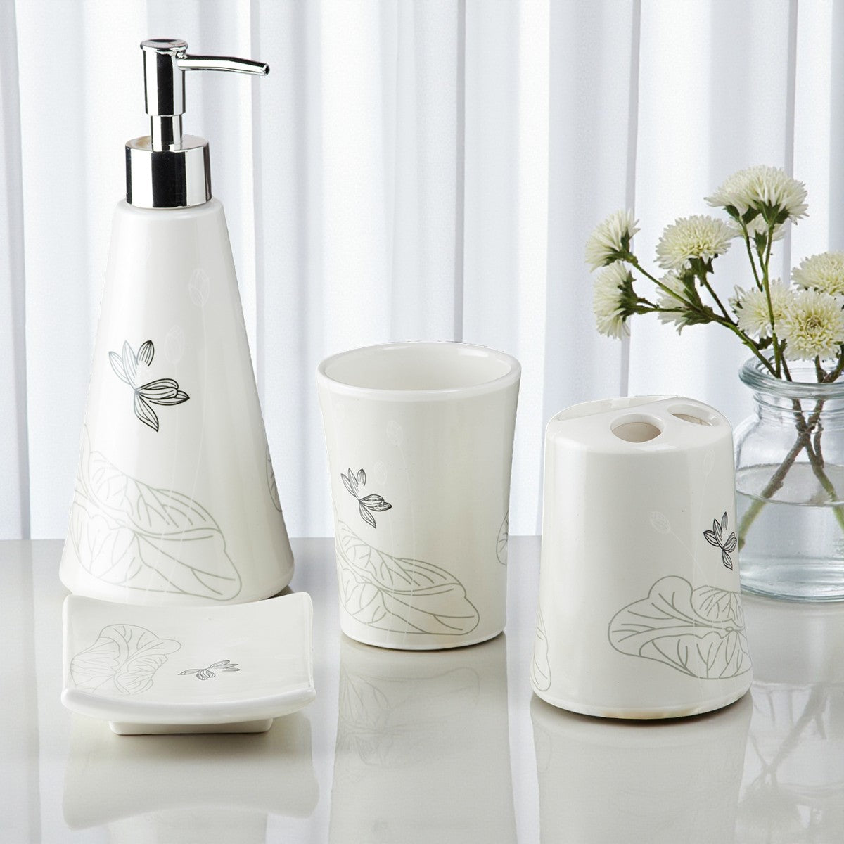 Ceramic Bathroom Accessories Set of 4 with Soap Dispenser (10115)