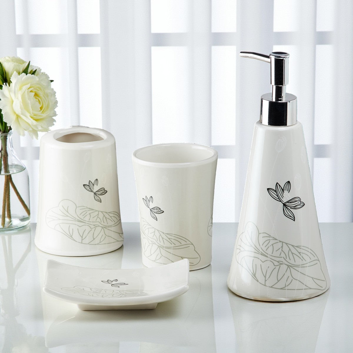 Ceramic Bathroom Accessories Set of 4 with Soap Dispenser (10115)