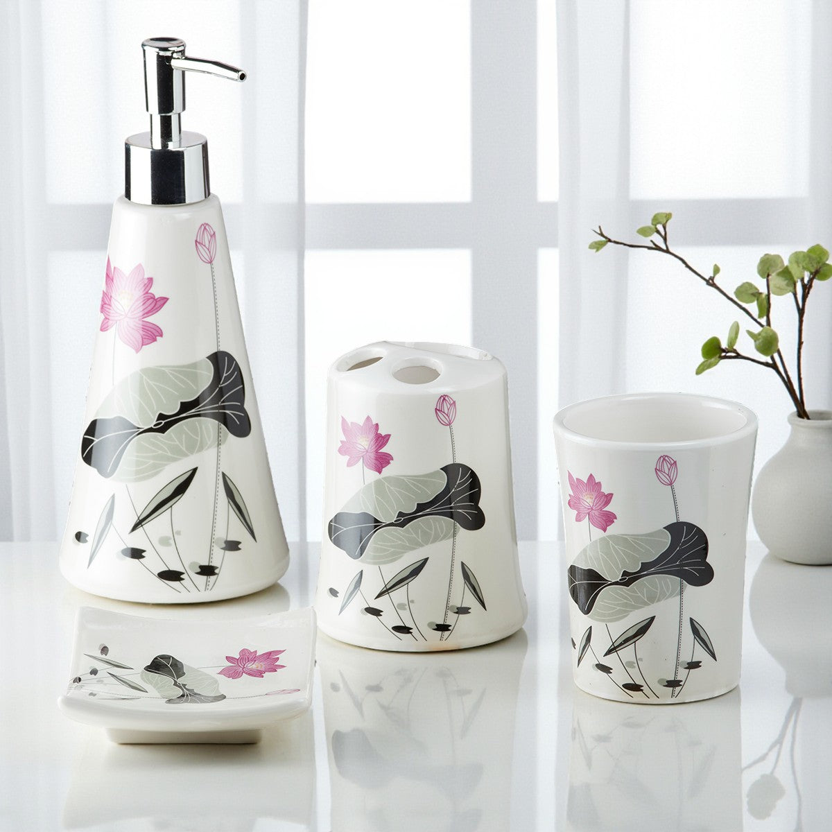 Ceramic Bathroom Accessories Set of 4 with Soap Dispenser (10116)