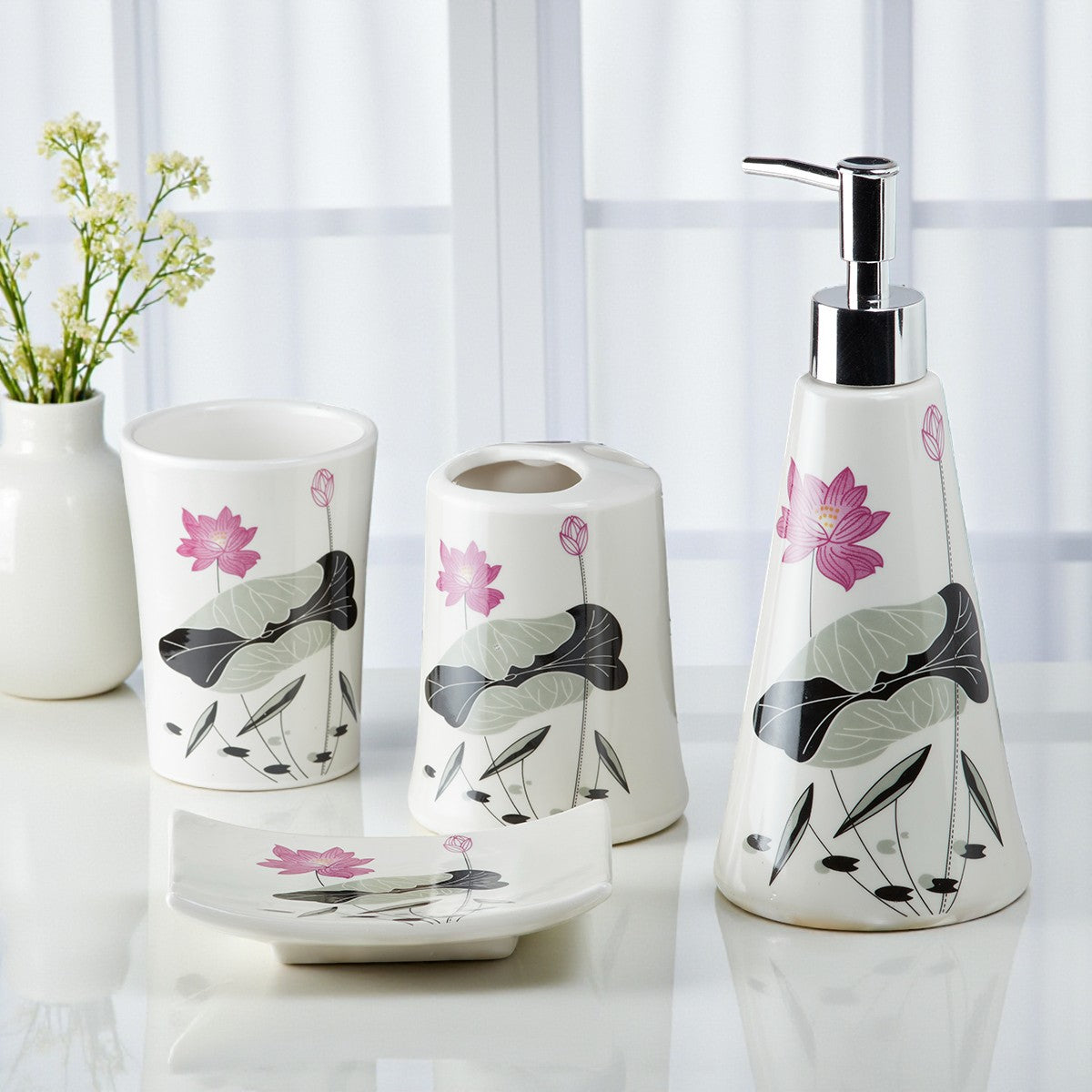 Ceramic Bathroom Accessories Set of 4 with Soap Dispenser (10116)