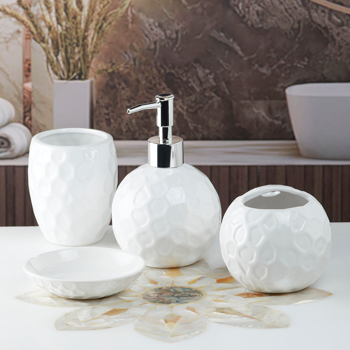 Ceramic Bathroom Accessories Set of 4 Bath Set with Soap Dispenser (10117)