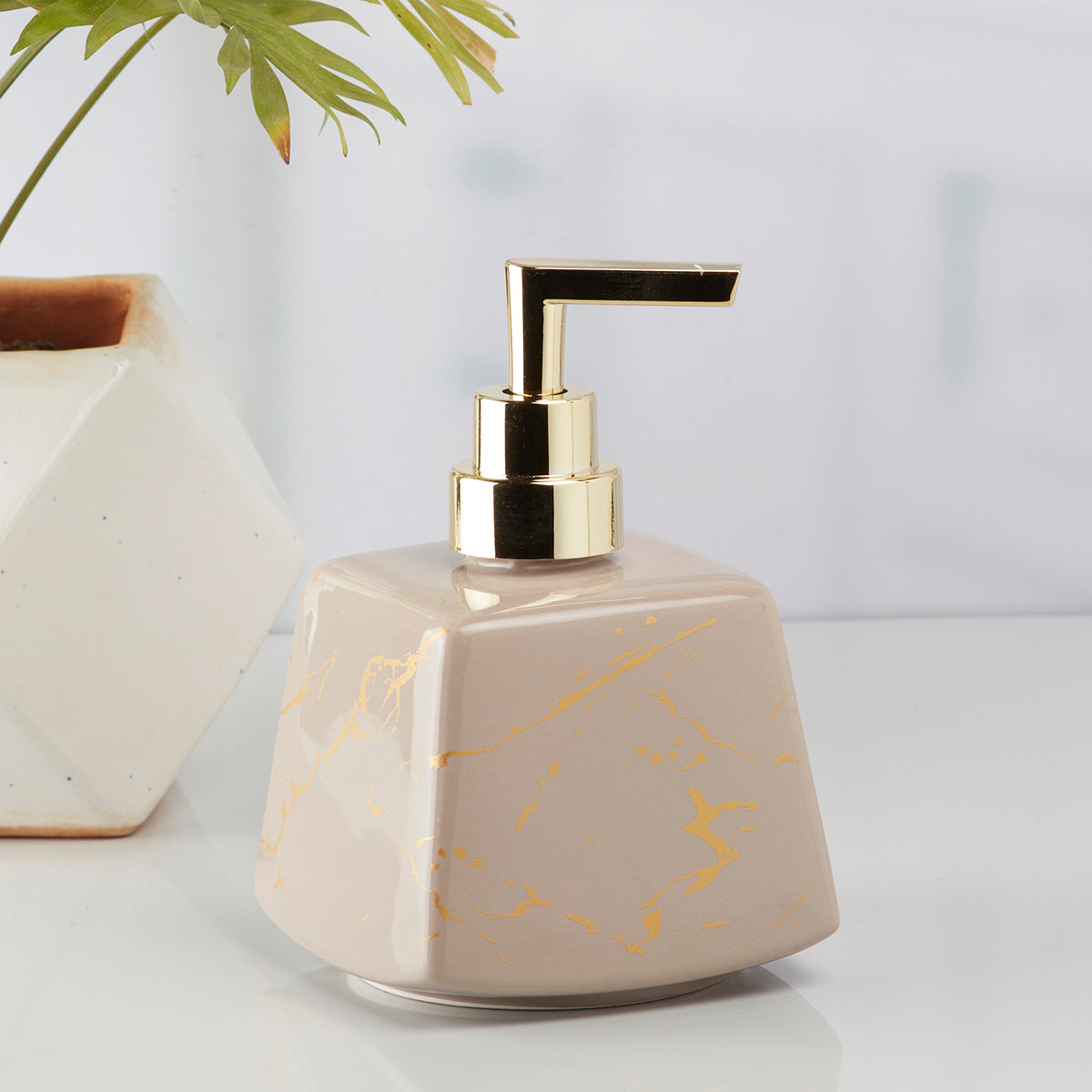 Ceramic Soap Dispenser handwash Pump for Bathroom, Set of 1, Green/Gold (10151)